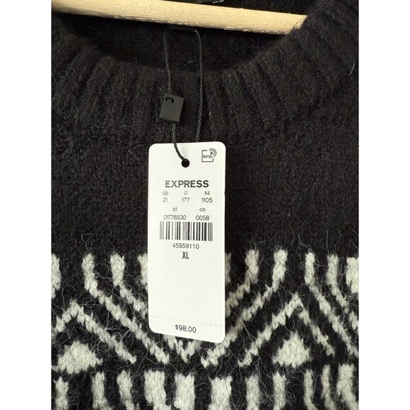 Express Fair Isle Black Knit Crewneck Sweater Cabincore Cozy Geometric NWT Men L - Picture 7 of 9